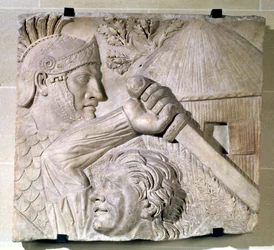Rilievo che raffigura un barbaro che combatte un legionario romano